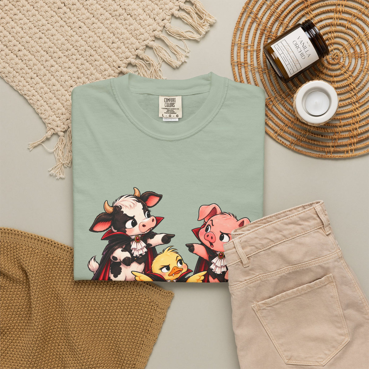 "This is why we have a wardrobe meeting first!" Cow, Pig & Chick Cartoon Graphic Tee