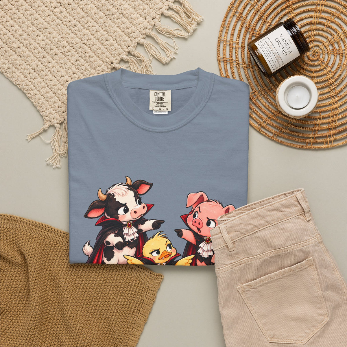 "This is why we have a wardrobe meeting first!" Cow, Pig & Chick Cartoon Graphic Tee