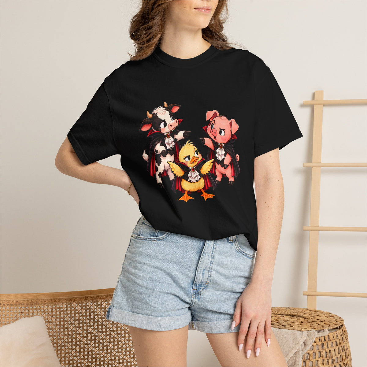 "This is why we have a wardrobe meeting first!" Cow, Pig & Chick Cartoon Graphic Tee