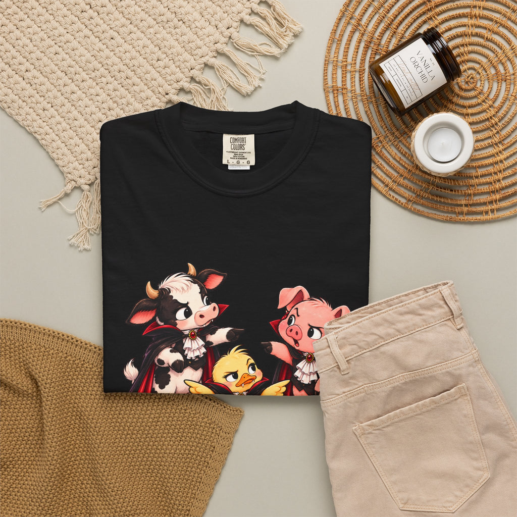 "This is why we have a wardrobe meeting first!" Cow, Pig & Chick Cartoon Graphic Tee