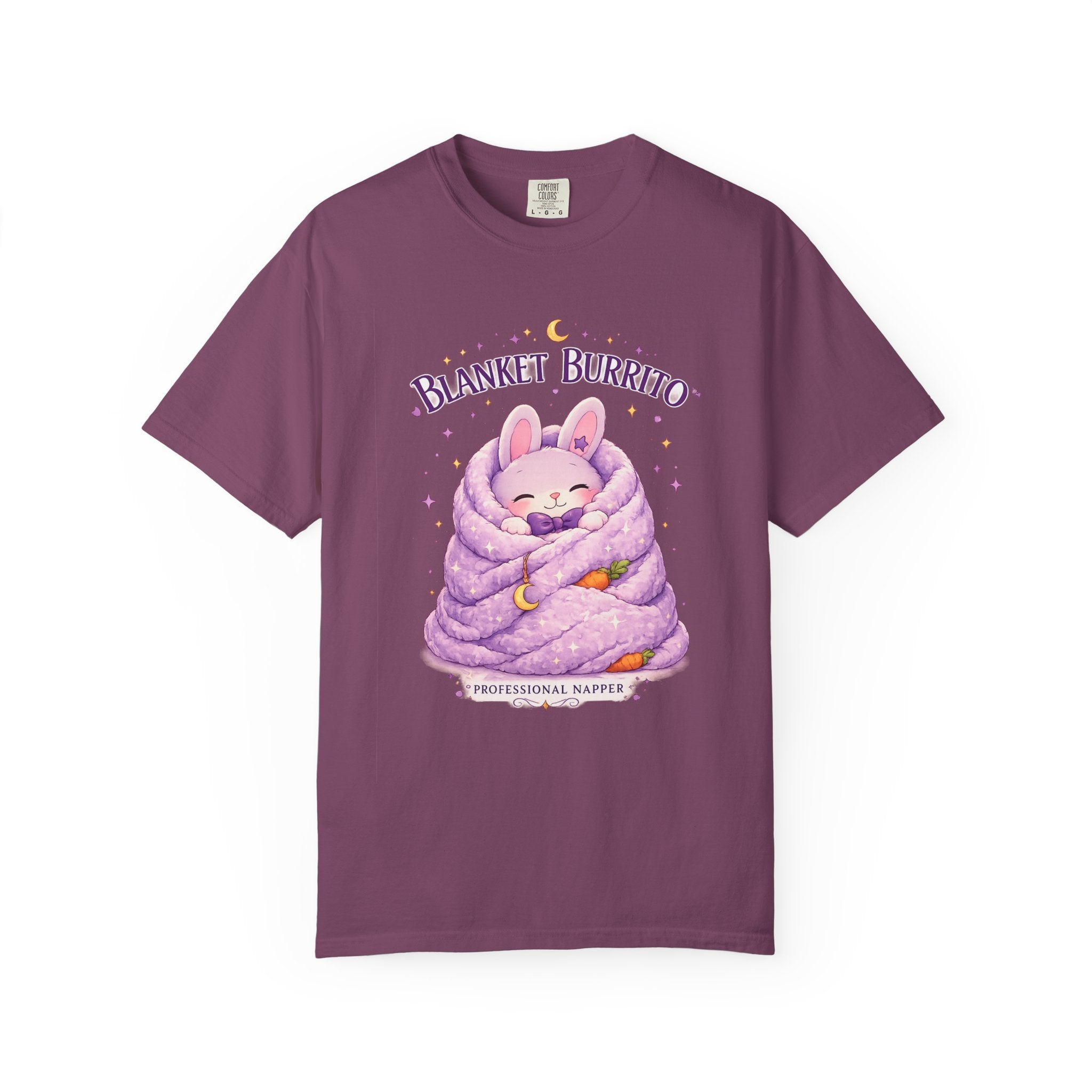 Blanket Burrito T‑Shirt — Cute Bunny Wrapped in Cozy Purple Blanket (Sleepy Comfort, Gift for Animal Lovers)