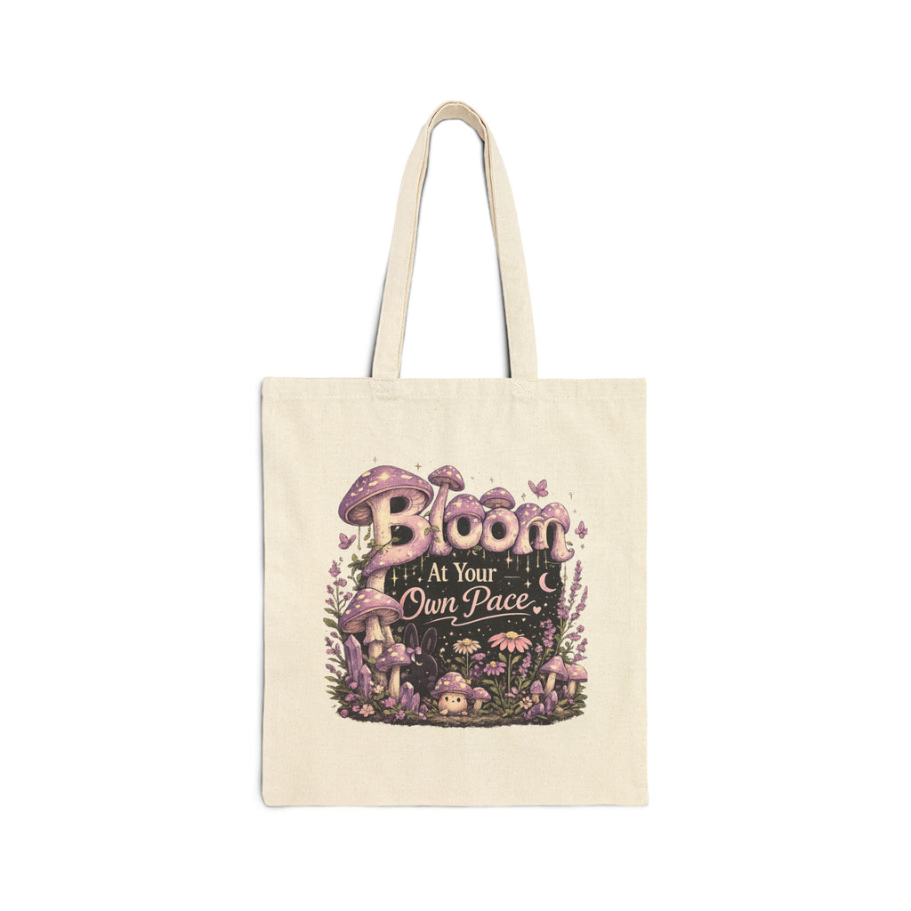 Tote Bag — "Bloom at Your Own Pace" Floral Mushroom Canvas Tote