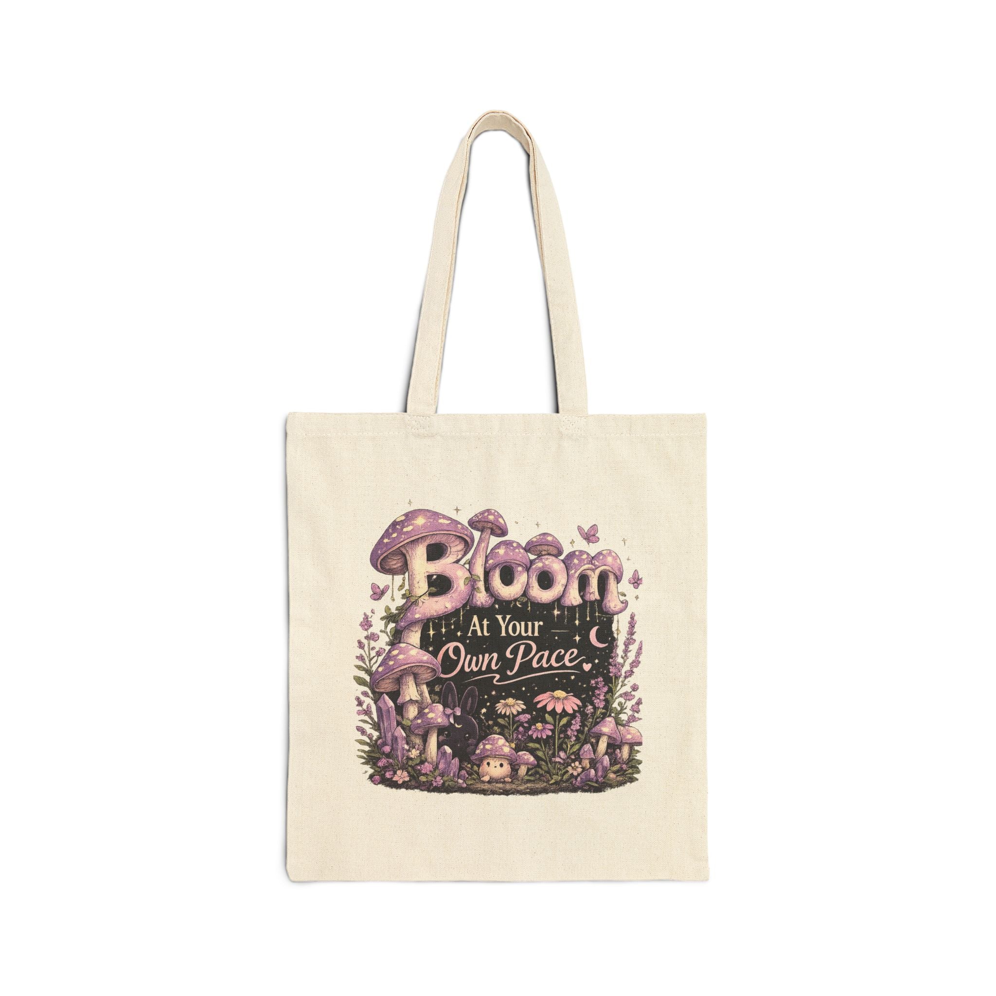 Tote Bag — "Bloom at Your Own Pace" Floral Mushroom Canvas Tote