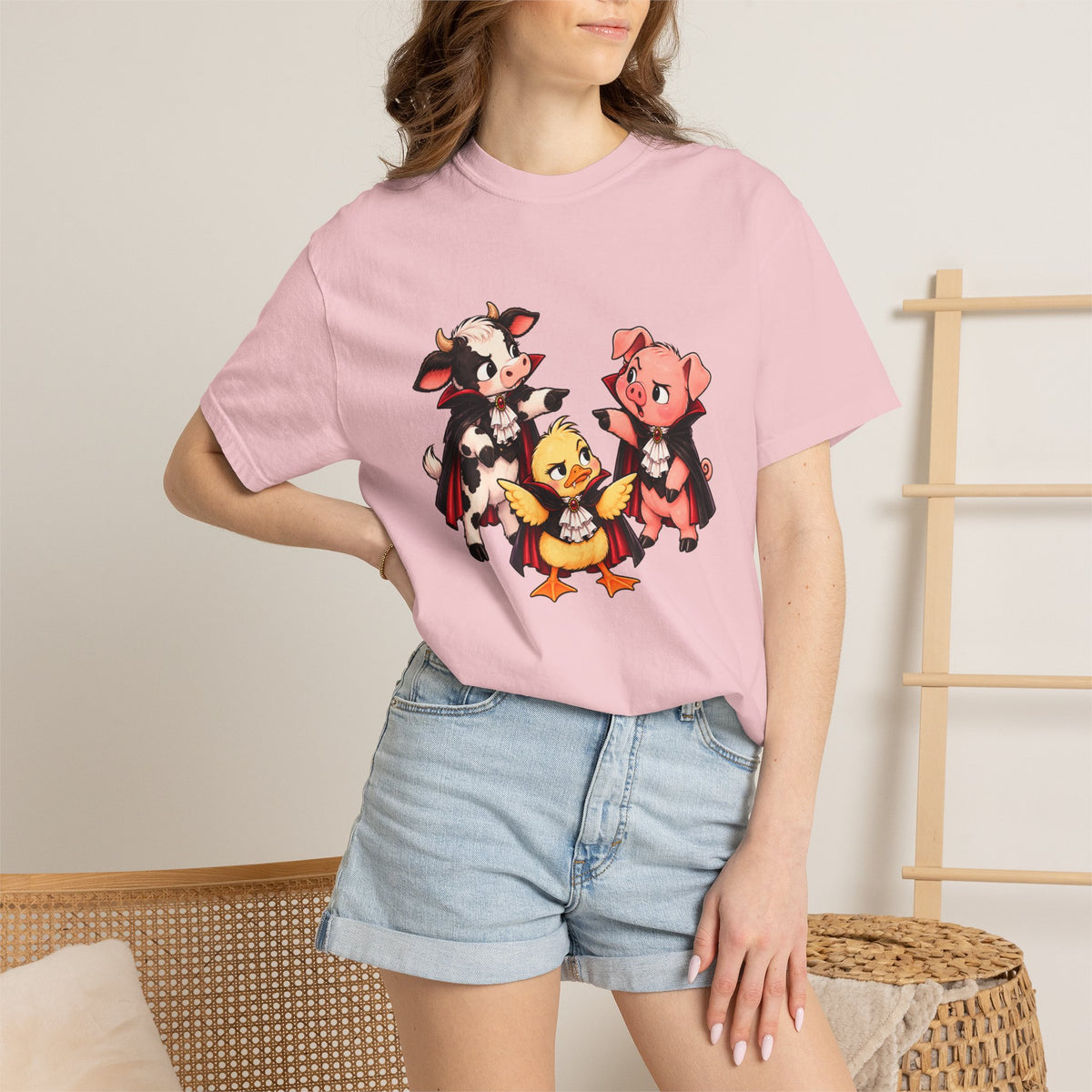 "This is why we have a wardrobe meeting first!" Cow, Pig & Chick Cartoon Graphic Tee