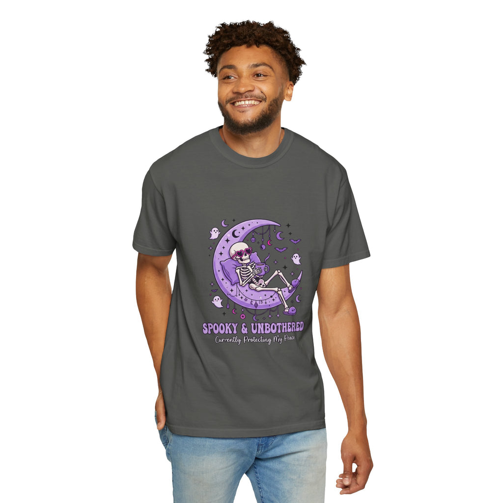 Spooky & Unbothered Skeleton Moon T-Shirt — Relaxed Gothic Graphic Tee