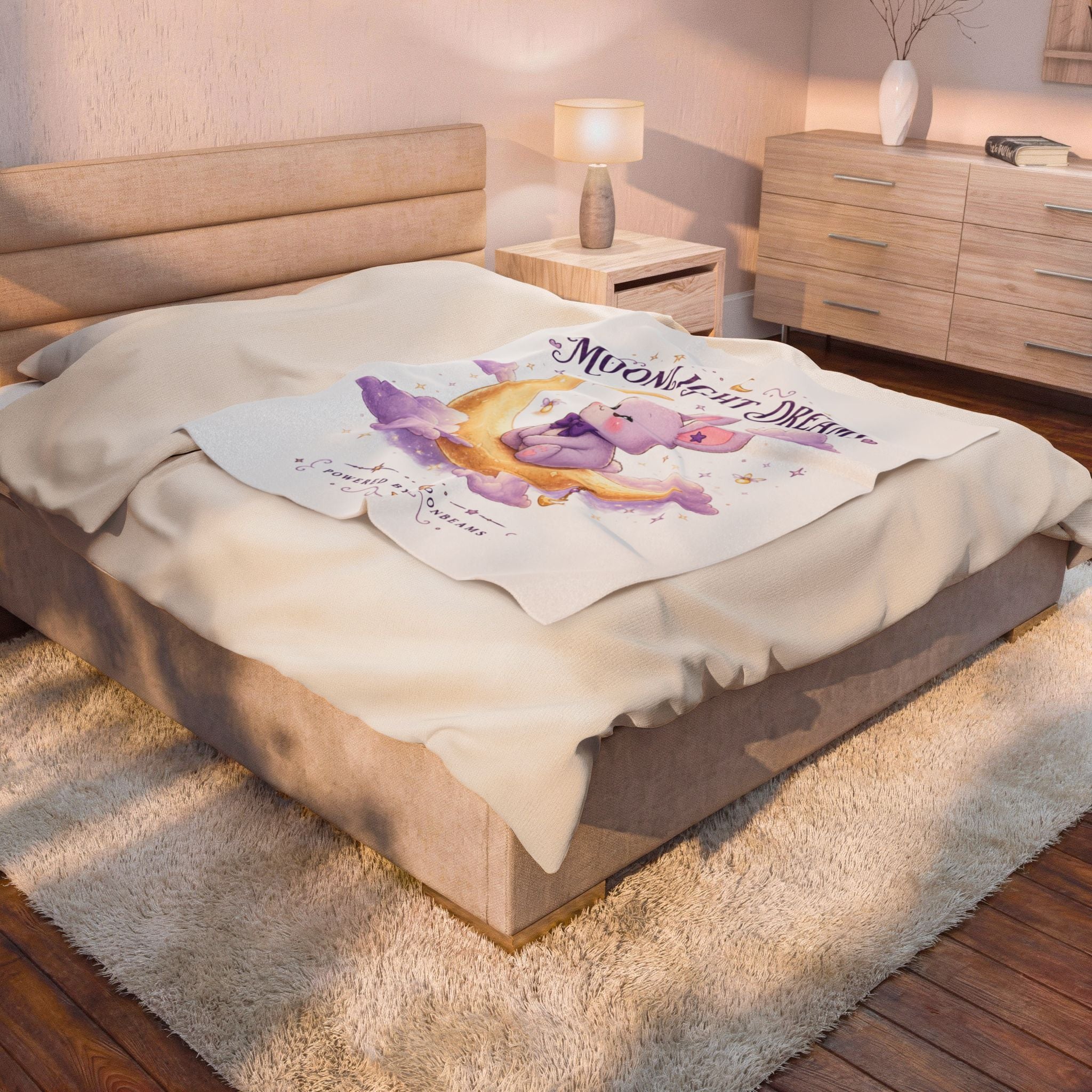 Moonlight Dreams Plush Blanket — Cute Bunny on Crescent Moon Velveteen Throw