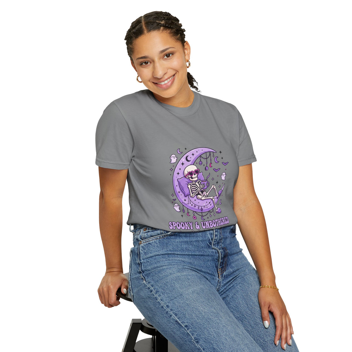 Spooky & Unbothered Skeleton Moon T-Shirt — Relaxed Gothic Graphic Tee