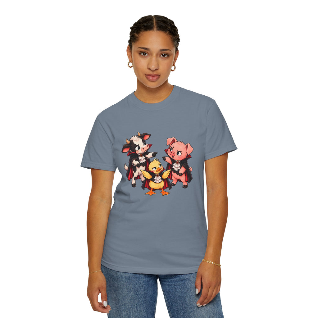 "This is why we have a wardrobe meeting first!" Cow, Pig & Chick Cartoon Graphic Tee