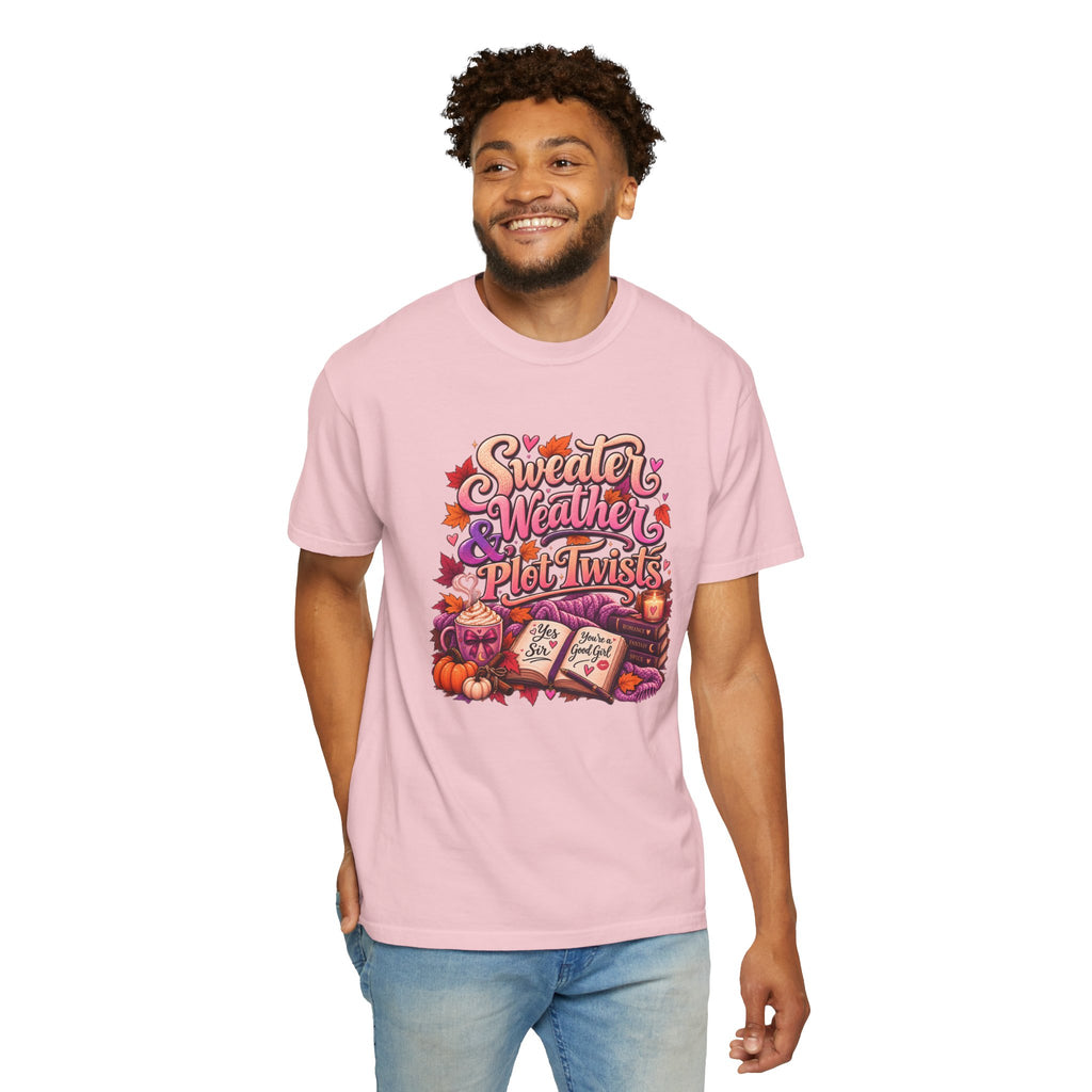 Sweater Weather Plot Twists Tee — Cozy Autumn Book Lover T-Shirt