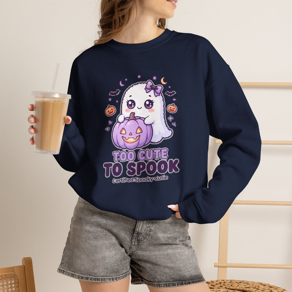 Crewneck Sweatshirt — "Too Cute to Spook" Ghost Pumpkin Halloween Pullover