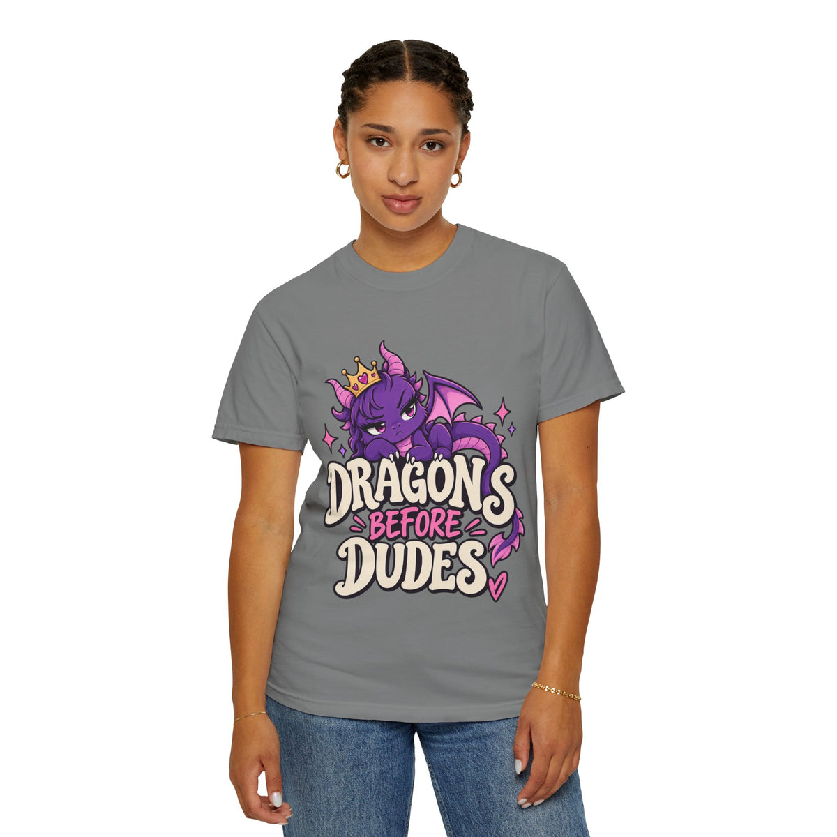 Dragons Before Dudes T-Shirt — Cute Purple Dragon Graphic Tee for Women & Fans