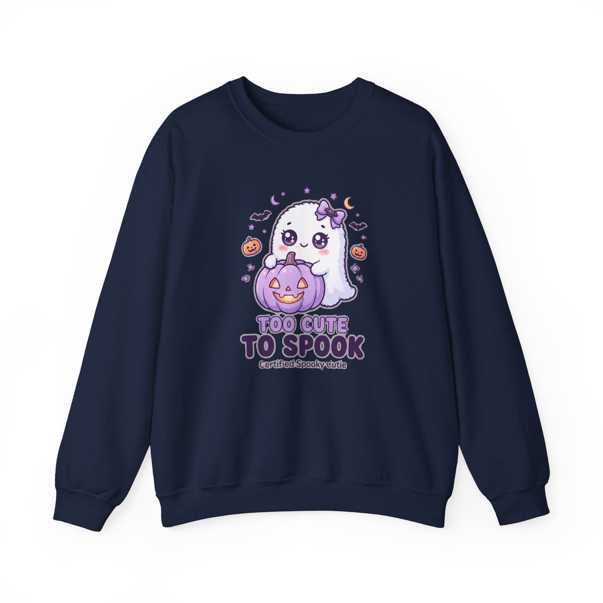 Crewneck Sweatshirt — "Too Cute to Spook" Ghost Pumpkin Halloween Pullover