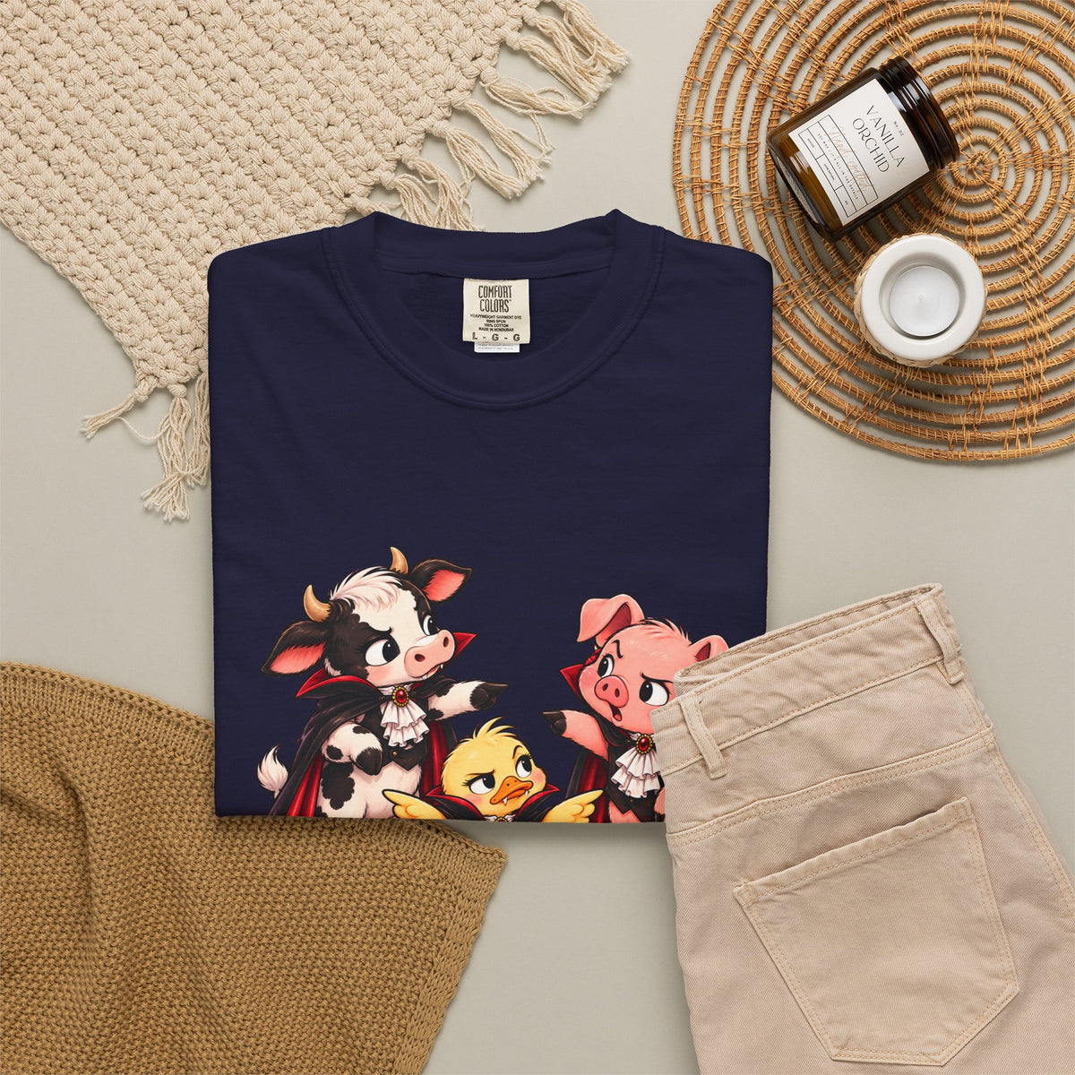 "This is why we have a wardrobe meeting first!" Cow, Pig & Chick Cartoon Graphic Tee