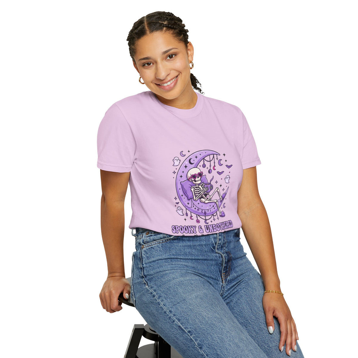 Spooky & Unbothered Skeleton Moon T-Shirt — Relaxed Gothic Graphic Tee