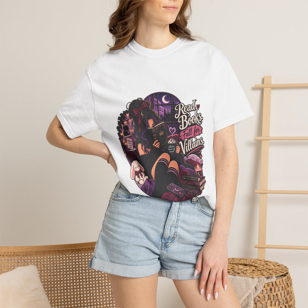 T-Shirt — "Ready Book & Fall for Villains" Gothic Reading Graphic Tee