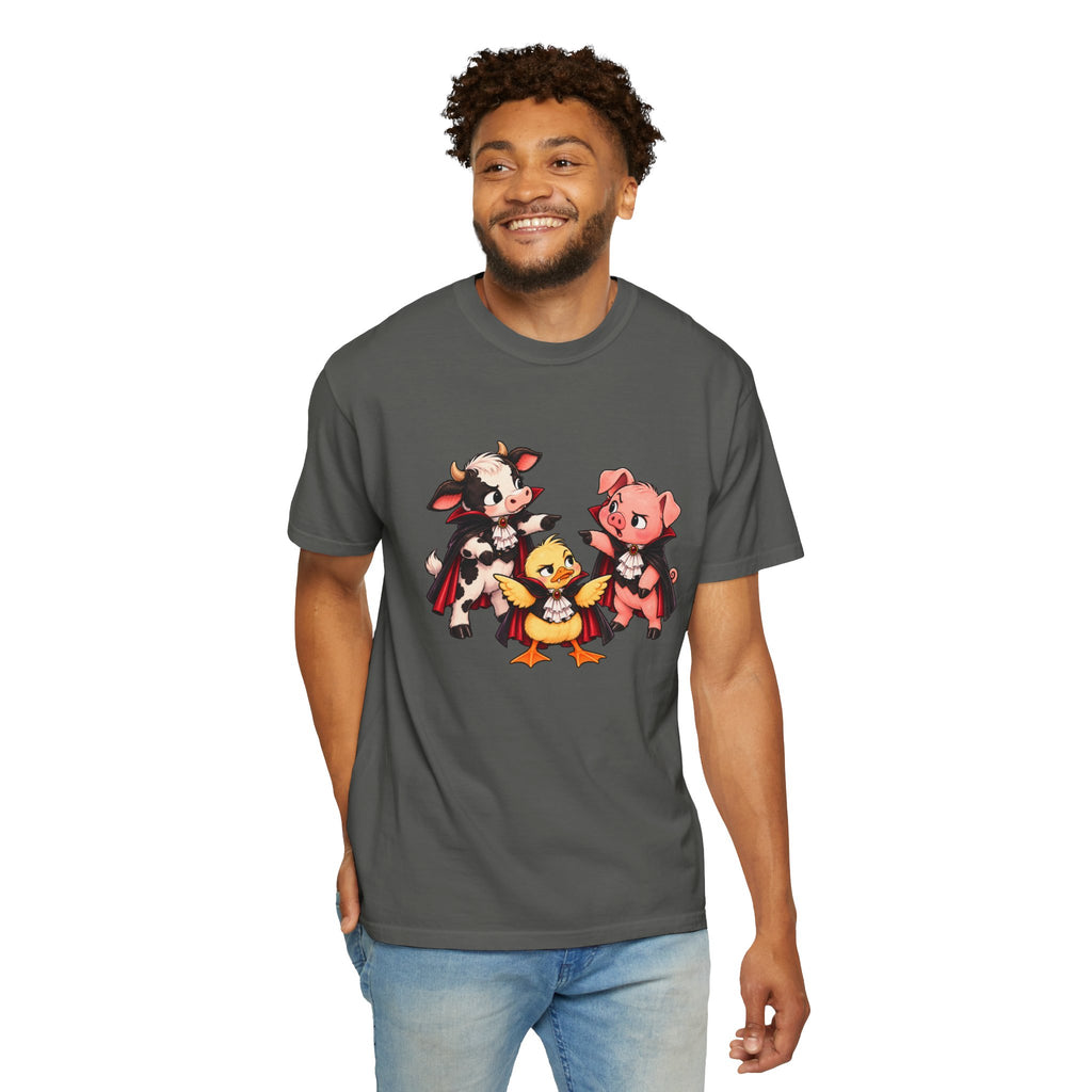 "This is why we have a wardrobe meeting first!" Cow, Pig & Chick Cartoon Graphic Tee