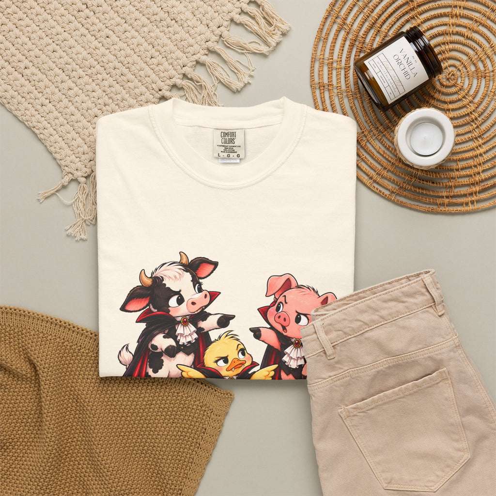 "This is why we have a wardrobe meeting first!" Cow, Pig & Chick Cartoon Graphic Tee