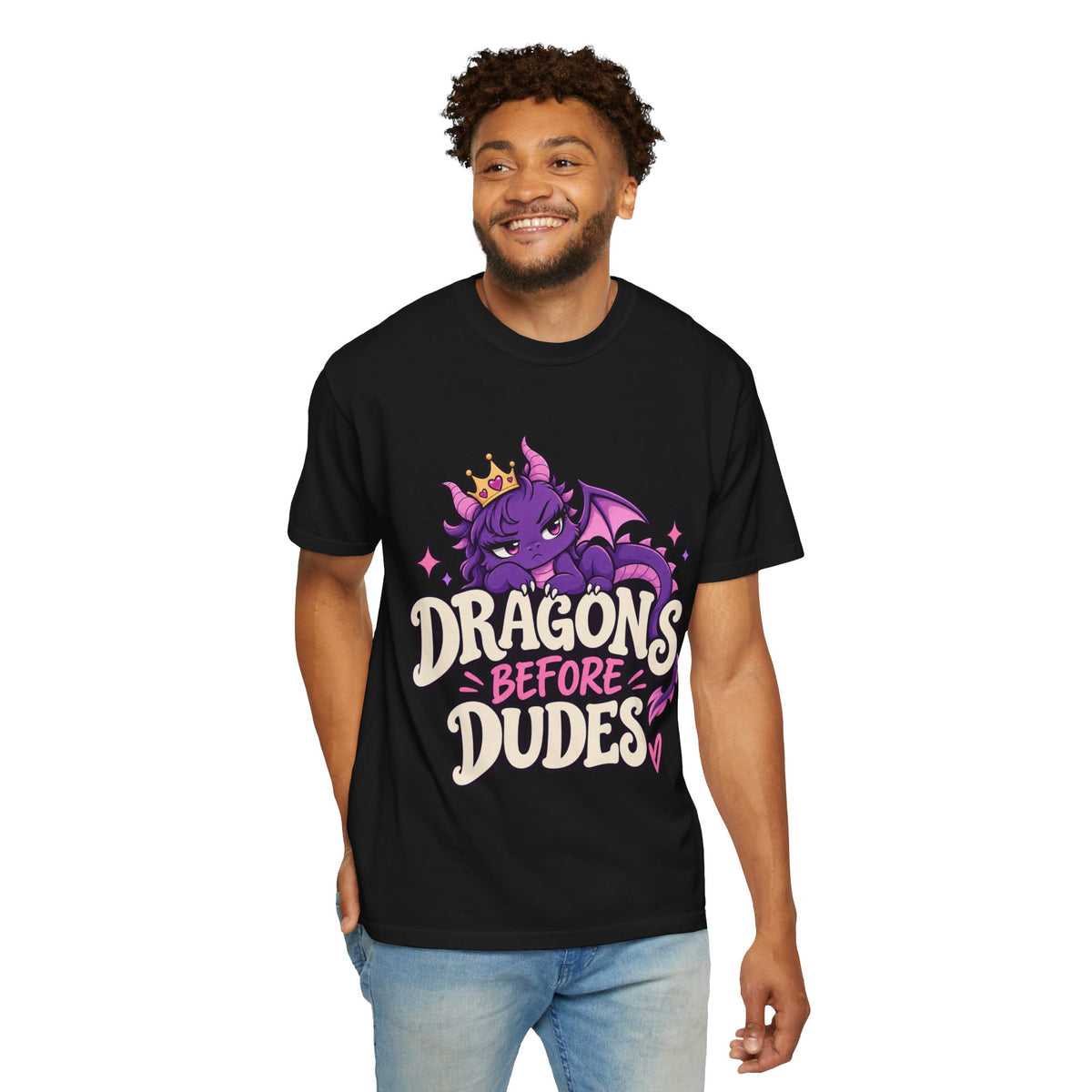 Dragons Before Dudes T-Shirt — Cute Purple Dragon Graphic Tee for Women & Fans