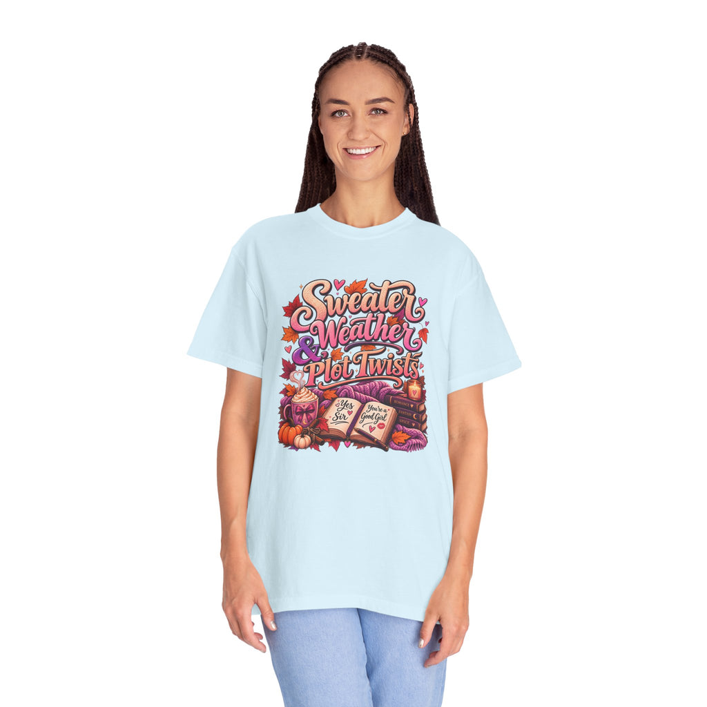 Sweater Weather Plot Twists Tee — Cozy Autumn Book Lover T-Shirt