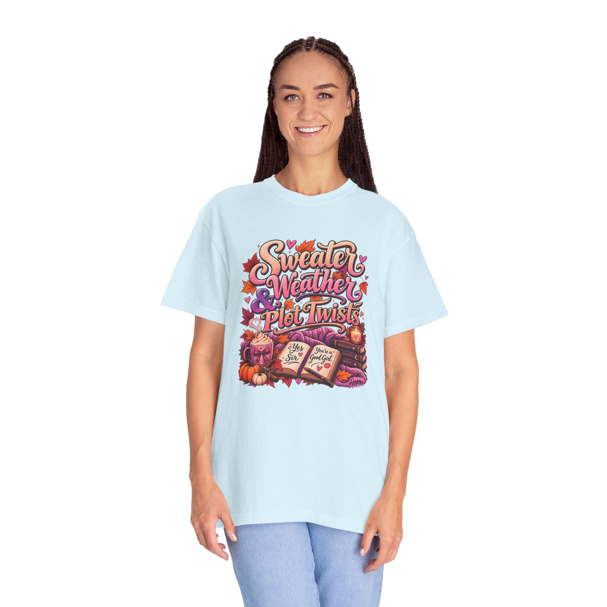Sweater Weather Plot Twists Tee — Cozy Autumn Book Lover T-Shirt