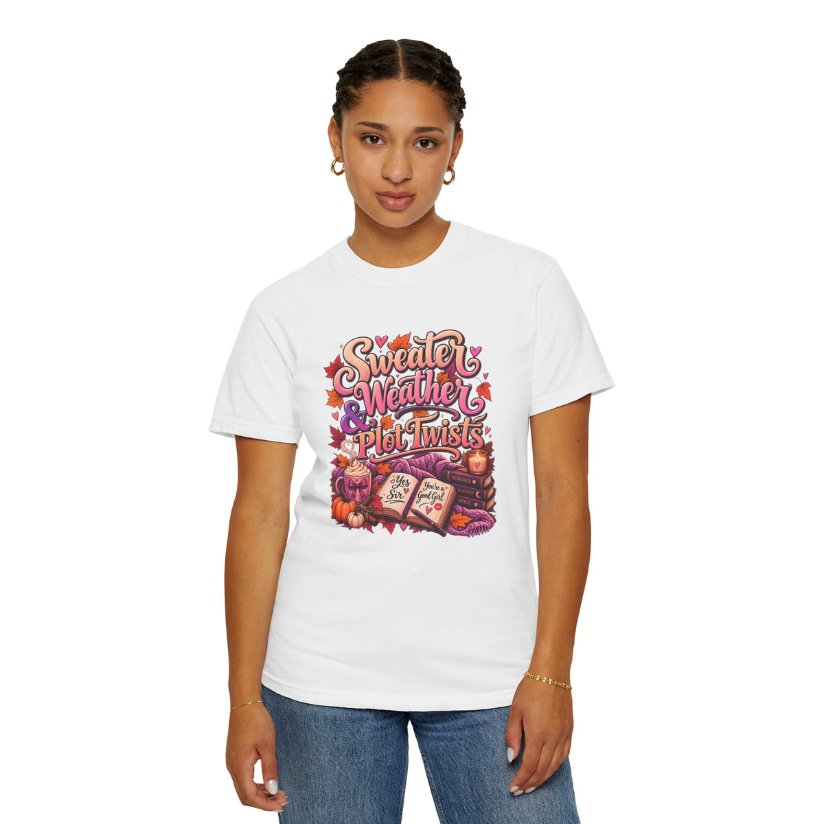Sweater Weather Plot Twists Tee — Cozy Autumn Book Lover T-Shirt