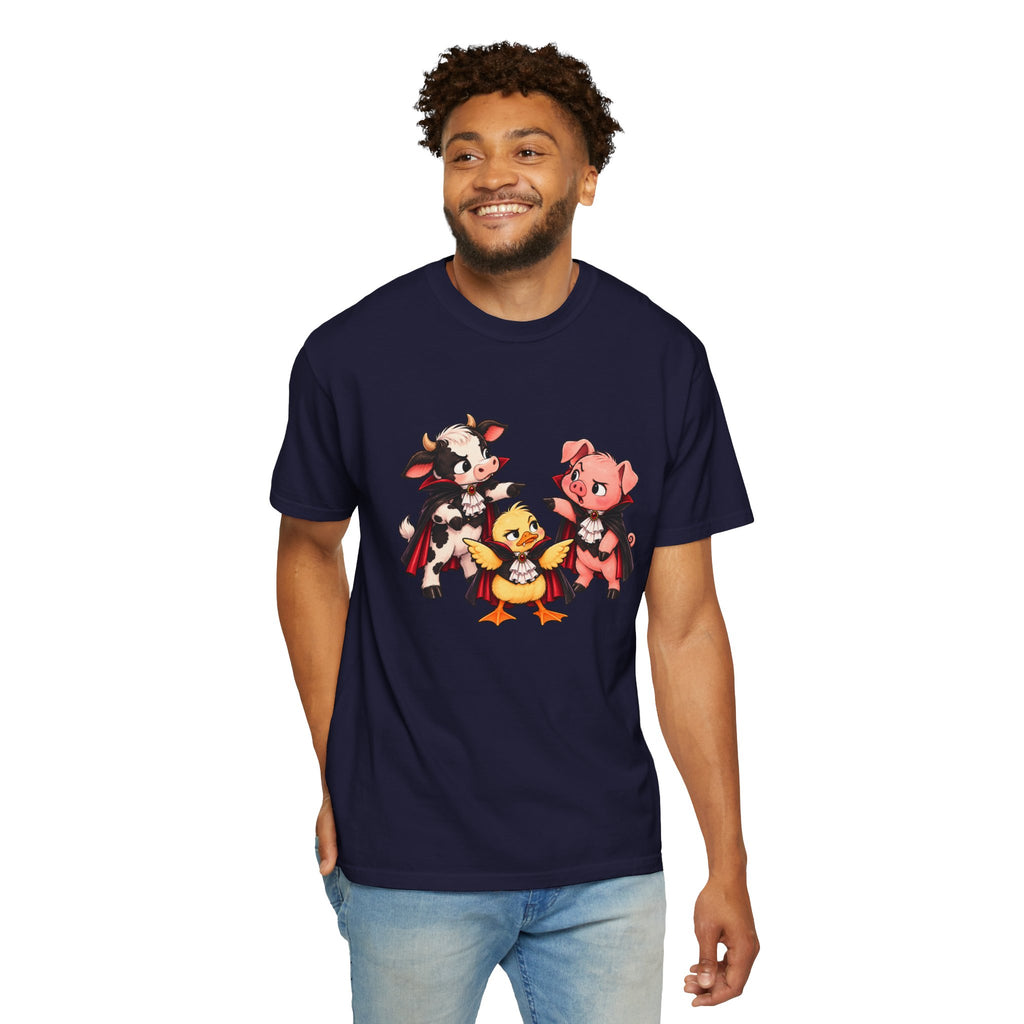 "This is why we have a wardrobe meeting first!" Cow, Pig & Chick Cartoon Graphic Tee