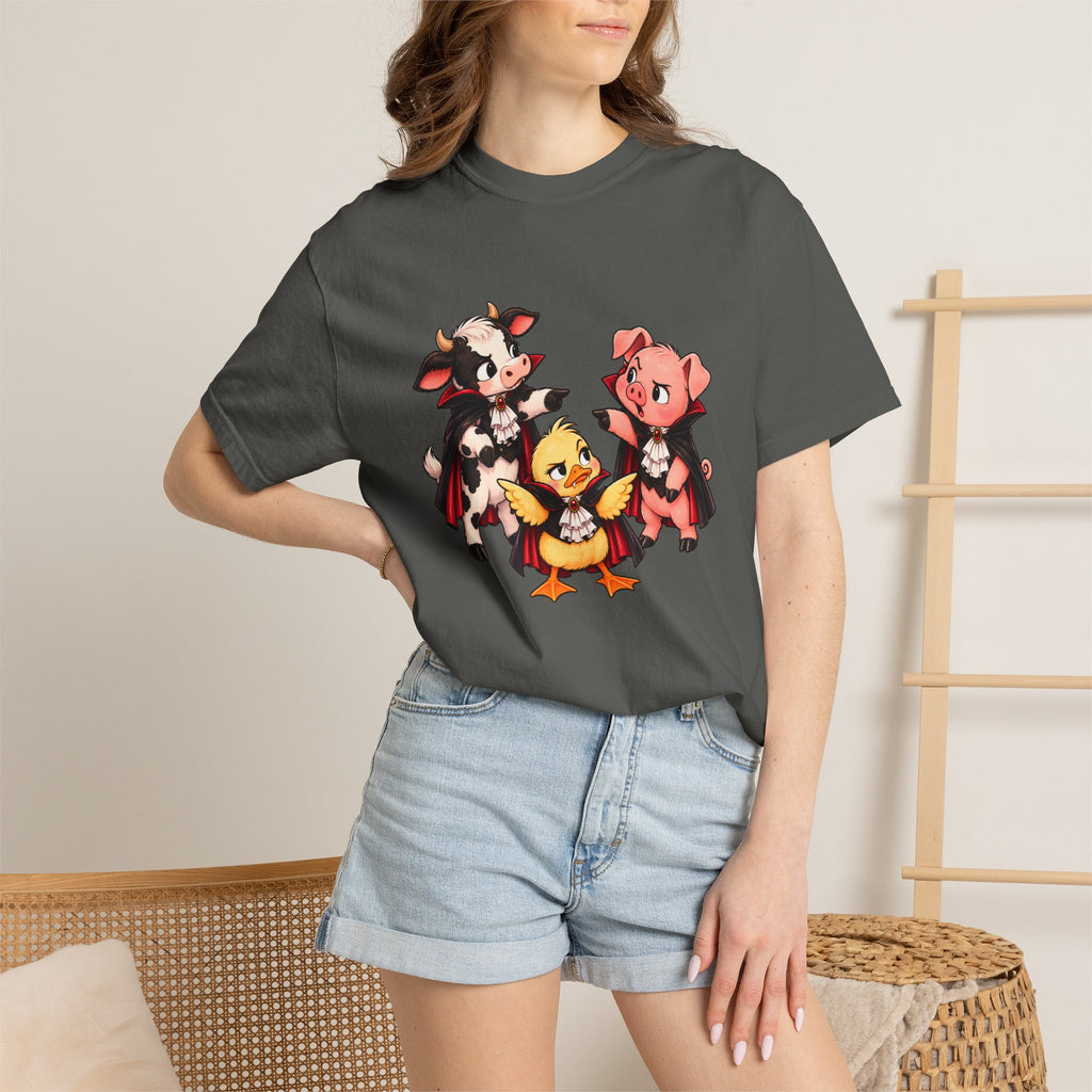 "This is why we have a wardrobe meeting first!" Cow, Pig & Chick Cartoon Graphic Tee
