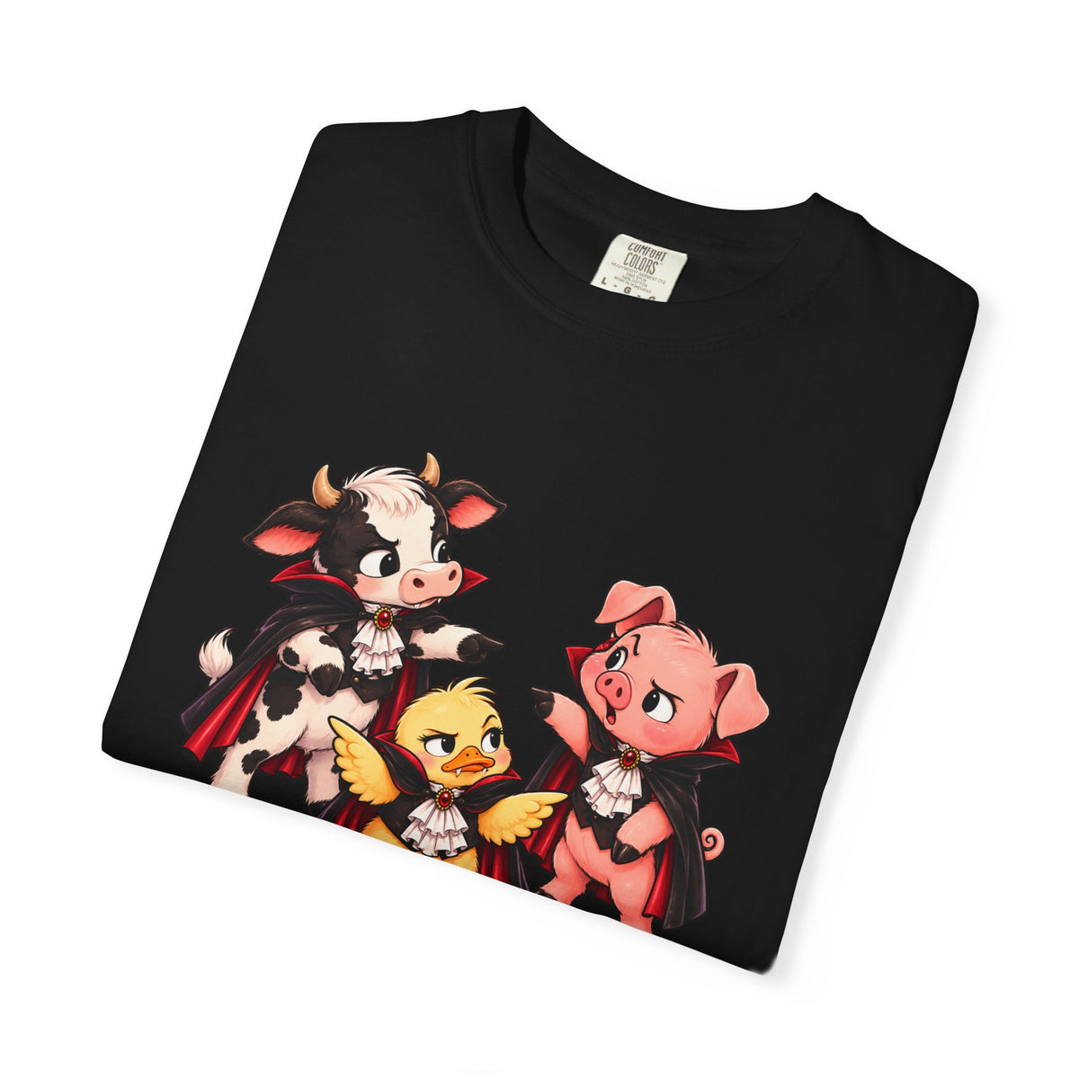 "This is why we have a wardrobe meeting first!" Cow, Pig & Chick Cartoon Graphic Tee
