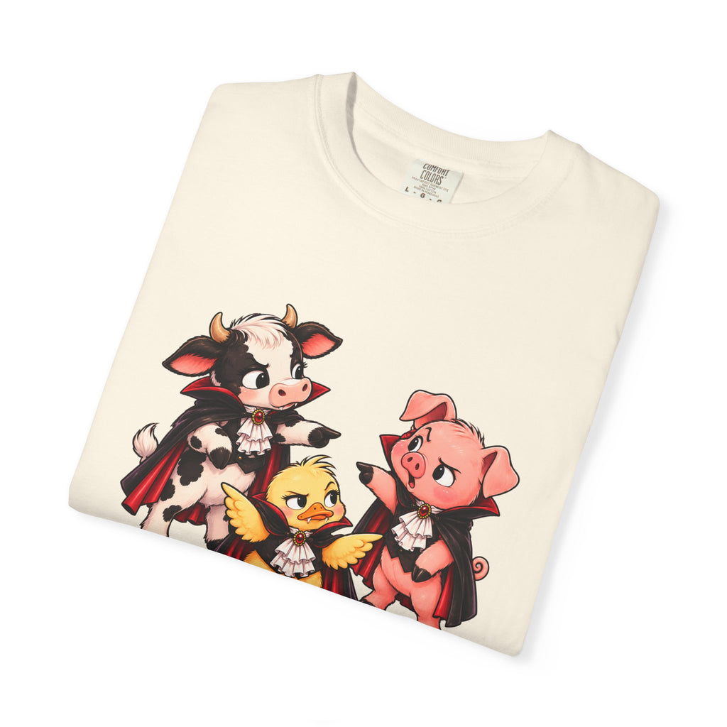 "This is why we have a wardrobe meeting first!" Cow, Pig & Chick Cartoon Graphic Tee