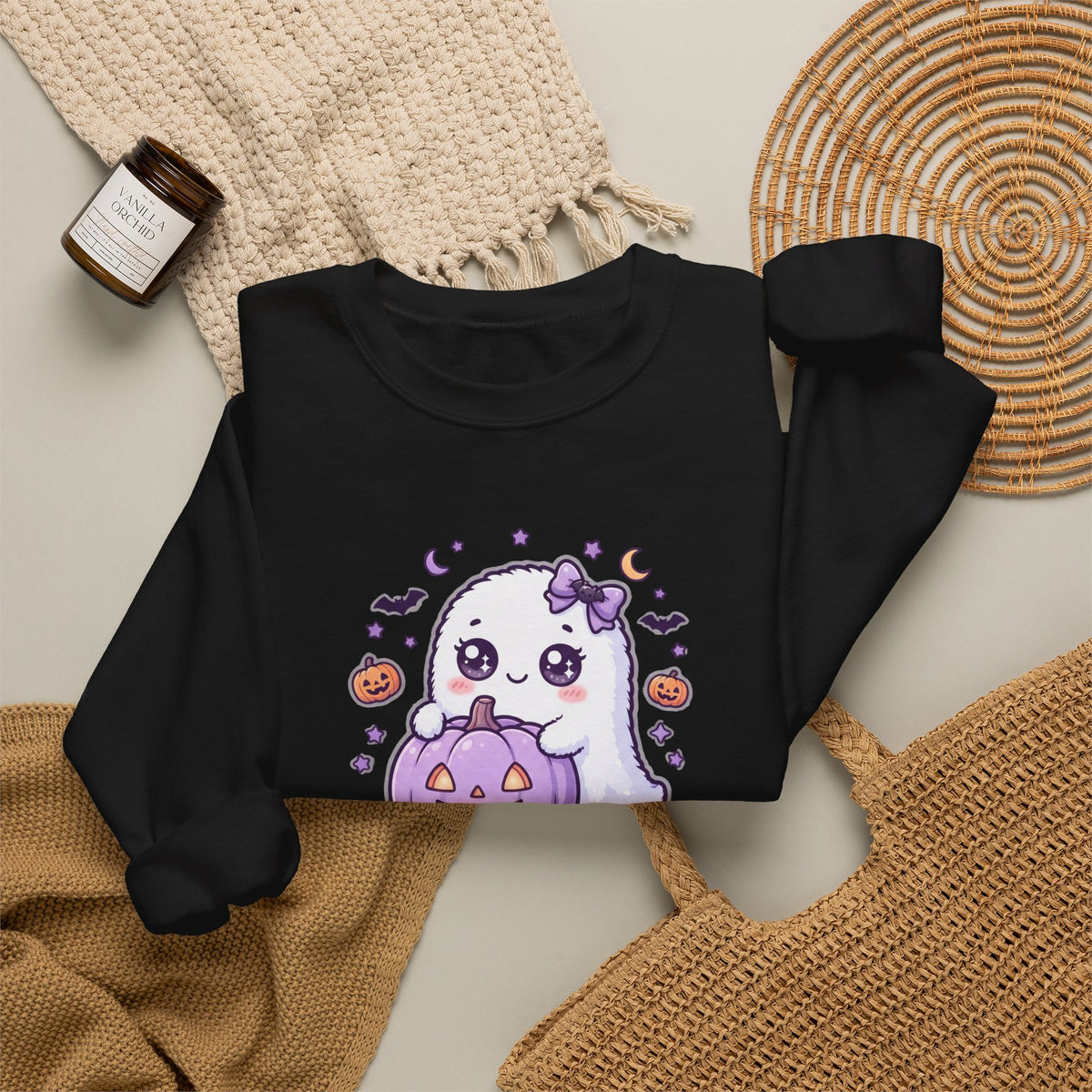 Crewneck Sweatshirt — "Too Cute to Spook" Ghost Pumpkin Halloween Pullover