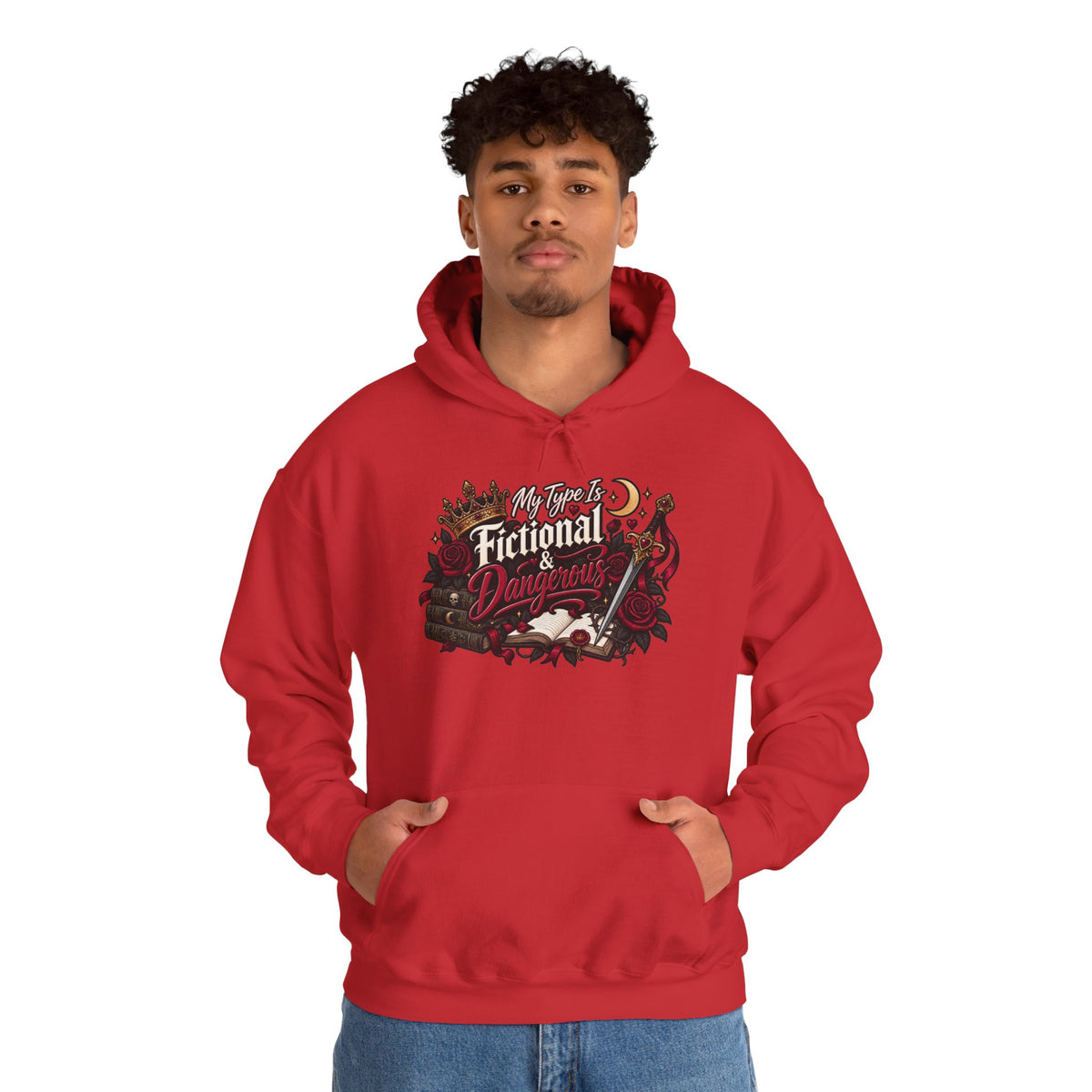 Hoodie — "My Type Is Fictional (Dangerous)" Booklover Graphic Pullover