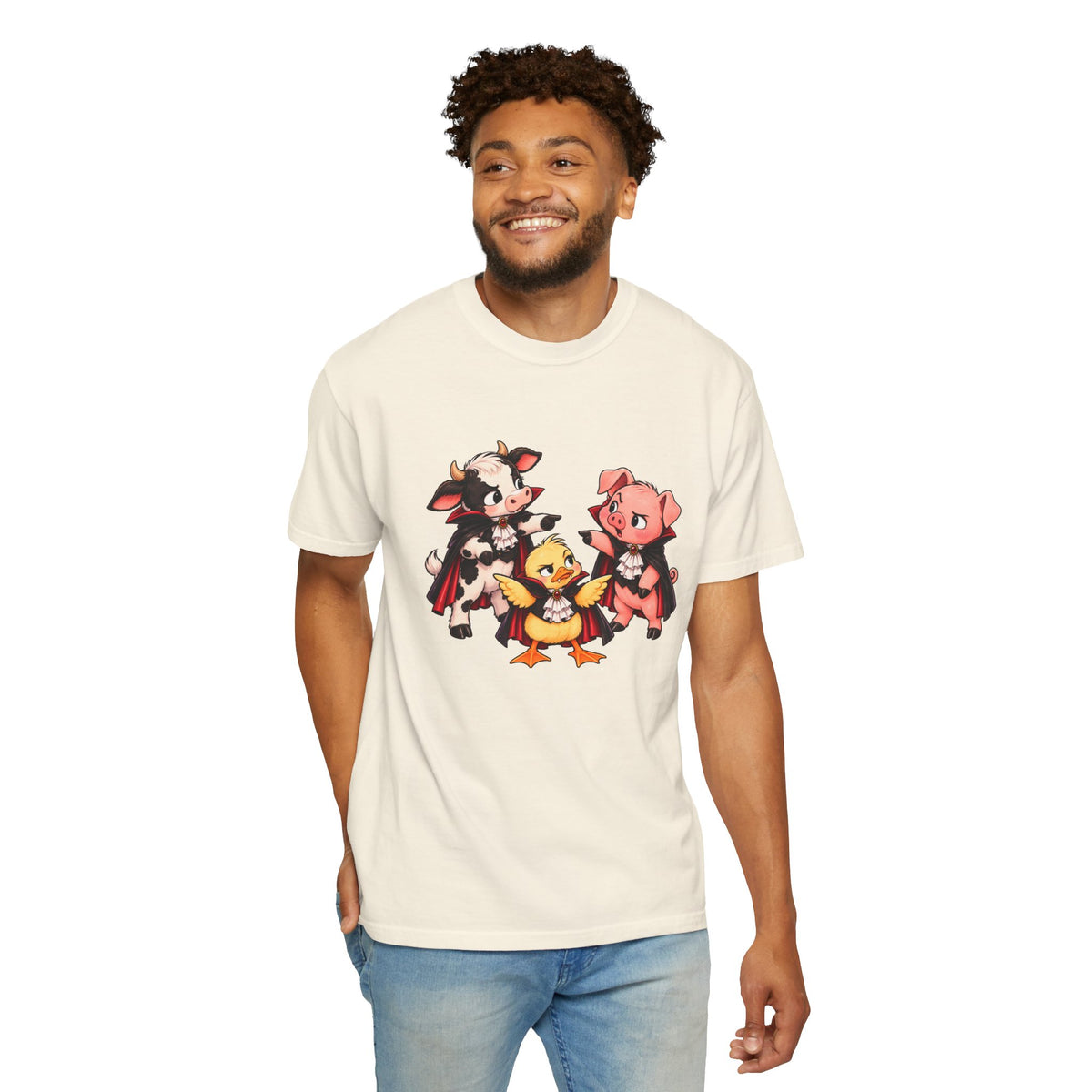 "This is why we have a wardrobe meeting first!" Cow, Pig & Chick Cartoon Graphic Tee