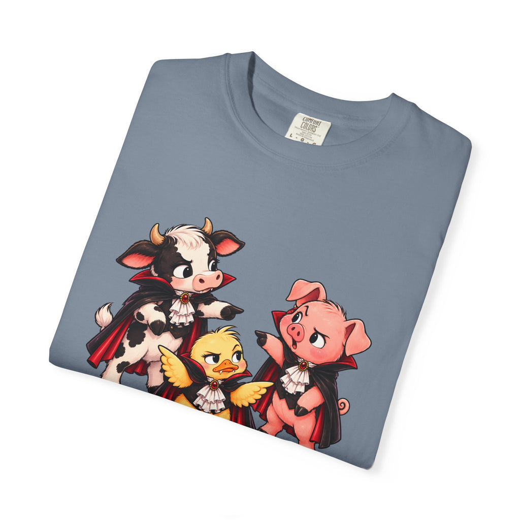 "This is why we have a wardrobe meeting first!" Cow, Pig & Chick Cartoon Graphic Tee