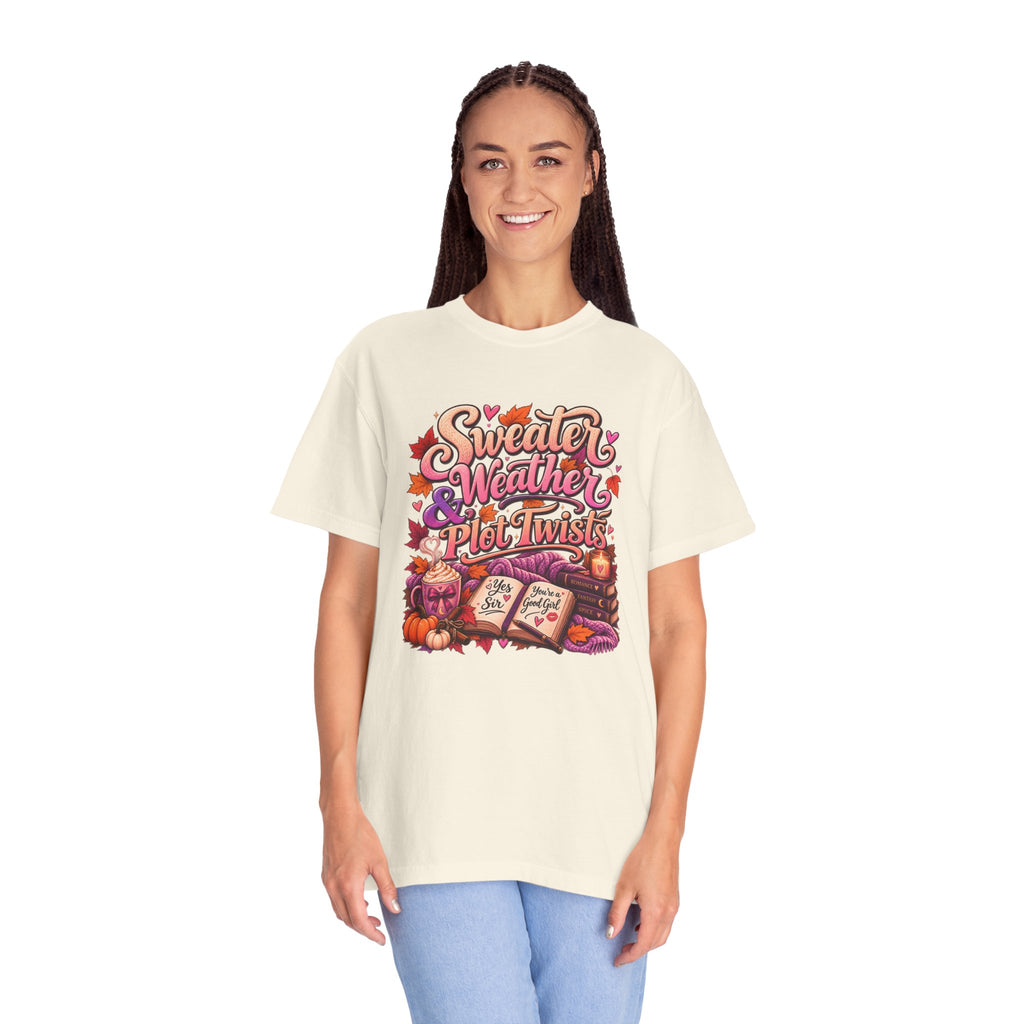 Sweater Weather Plot Twists Tee — Cozy Autumn Book Lover T-Shirt