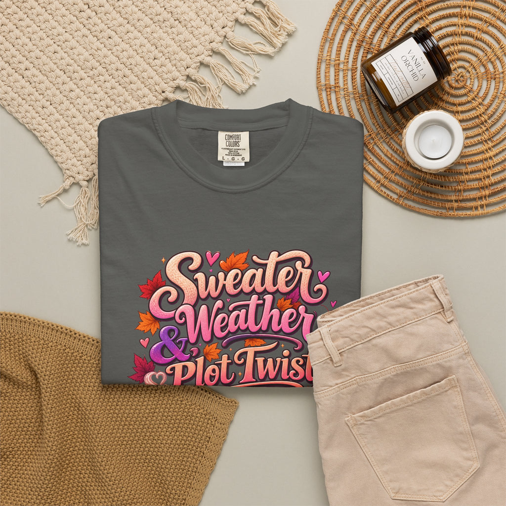 Sweater Weather Plot Twists Tee — Cozy Autumn Book Lover T-Shirt
