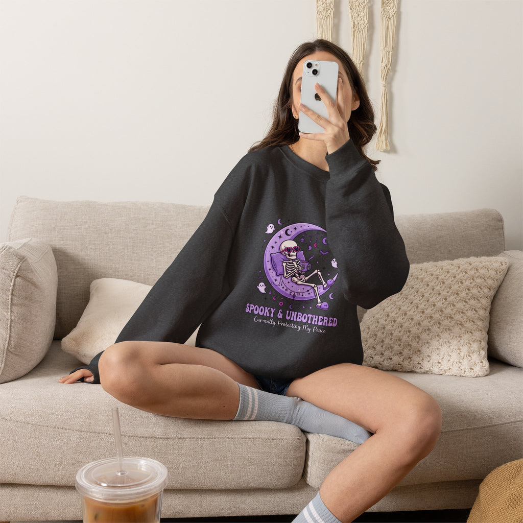 Skeleton on Moon Crewneck Sweatshirt — "Spooky & Unsocialized" Purple Gothic Graphic