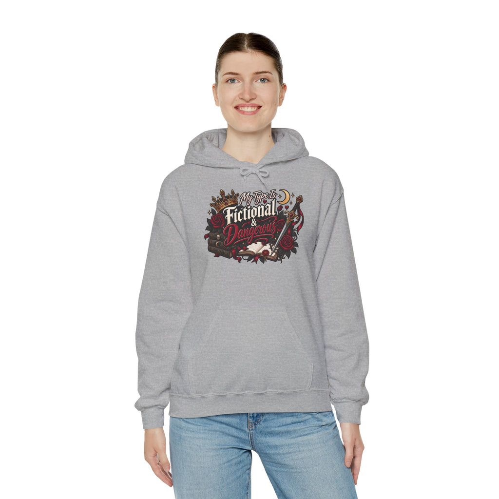 Hoodie — "My Type Is Fictional (Dangerous)" Booklover Graphic Pullover