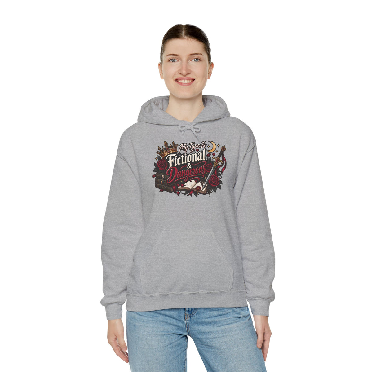 Hoodie — "My Type Is Fictional (Dangerous)" Booklover Graphic Pullover