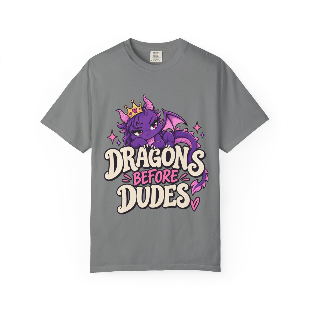 Dragons Before Dudes T-Shirt — Cute Purple Dragon Graphic Tee for Women & Fans