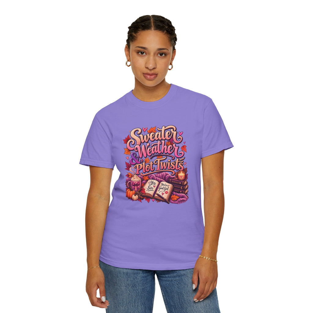 Sweater Weather Plot Twists Tee — Cozy Autumn Book Lover T-Shirt