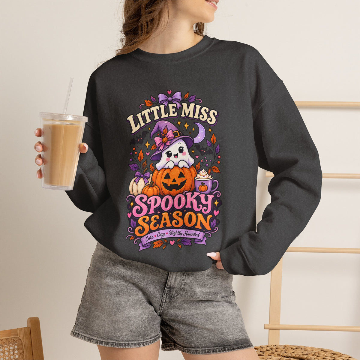 Little Miss Spooky Season Sweatshirt — Cute Halloween Ghost & Pumpkin Crewneck