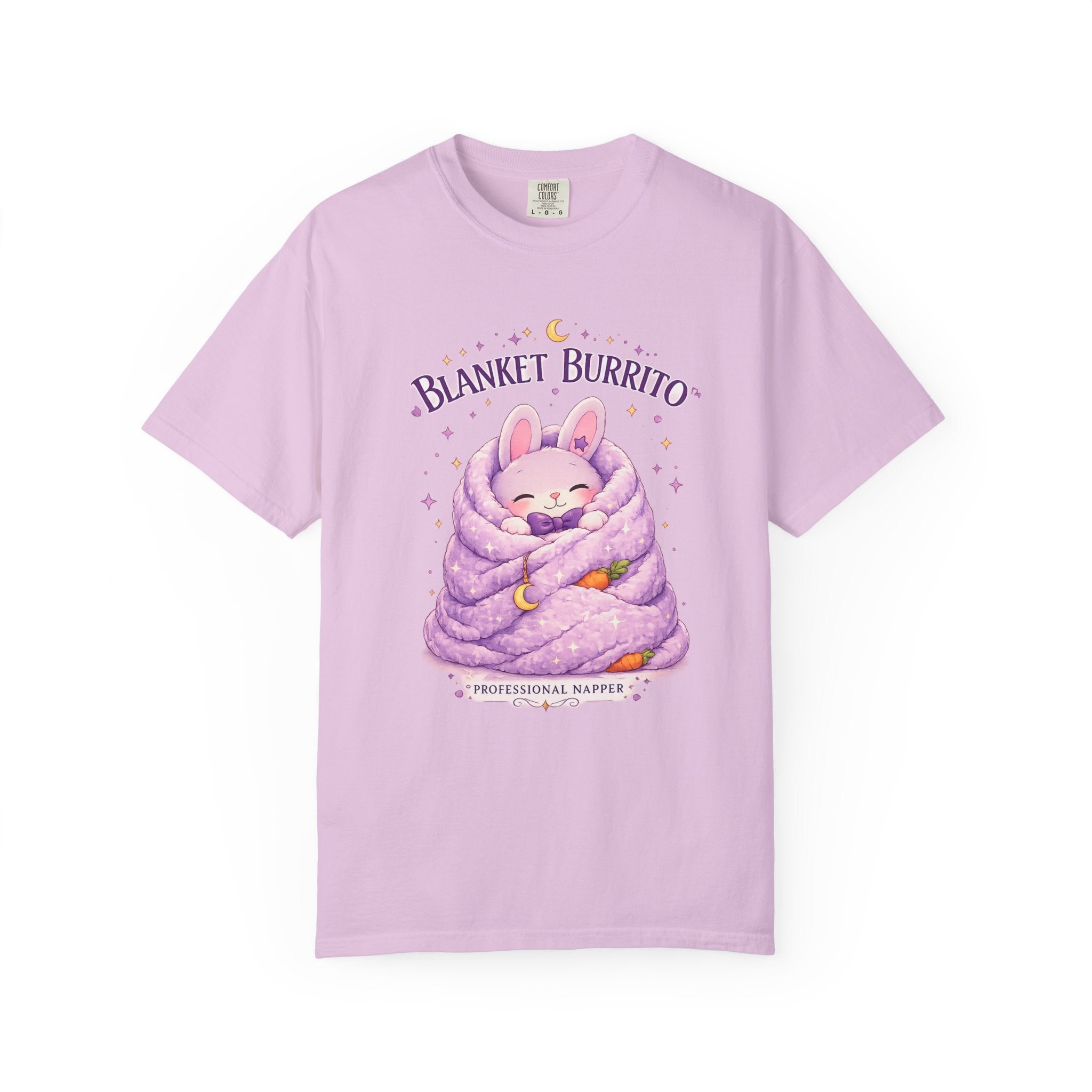 Blanket Burrito T‑Shirt — Cute Bunny Wrapped in Cozy Purple Blanket (Sleepy Comfort, Gift for Animal Lovers)