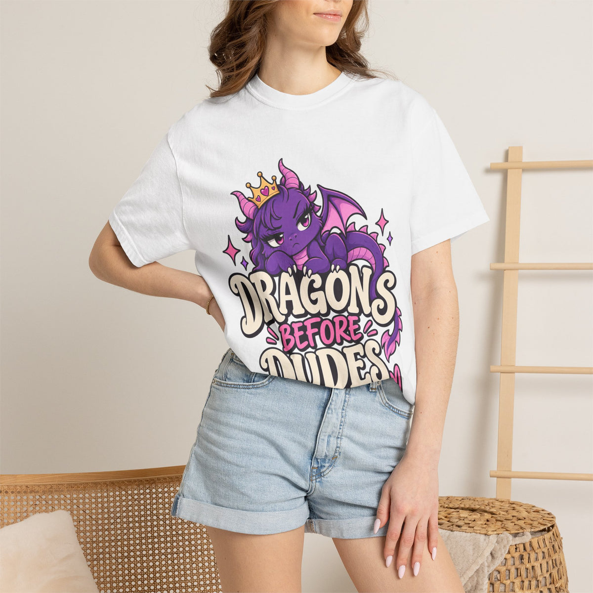 Dragons Before Dudes T-Shirt — Cute Purple Dragon Graphic Tee for Women & Fans