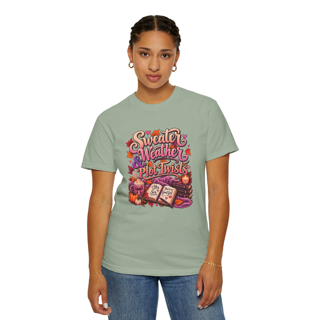 Sweater Weather Plot Twists Tee — Cozy Autumn Book Lover T-Shirt