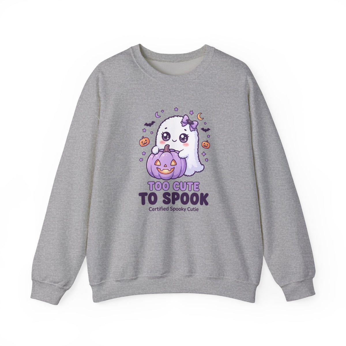 Crewneck Sweatshirt — "Too Cute to Spook" Ghost Pumpkin Halloween Pullover