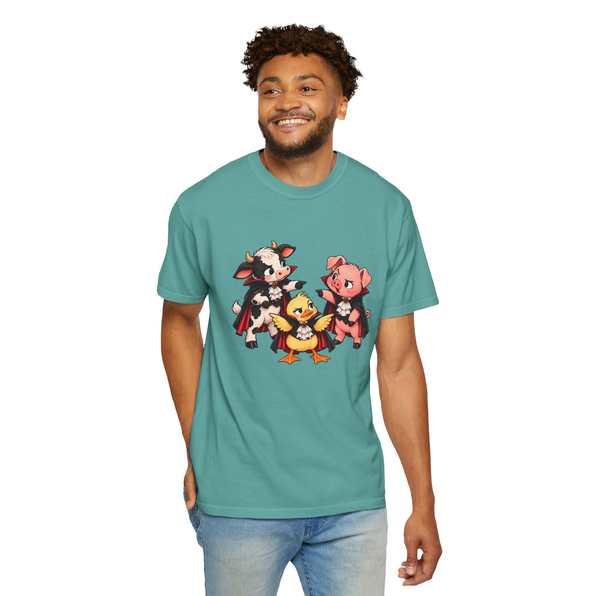 "This is why we have a wardrobe meeting first!" Cow, Pig & Chick Cartoon Graphic Tee