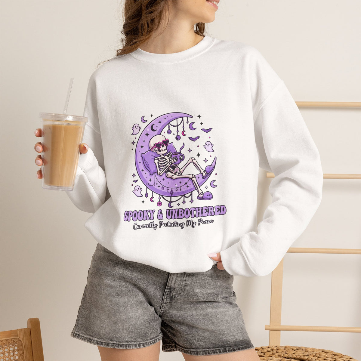 Skeleton on Moon Crewneck Sweatshirt — "Spooky & Unsocialized" Purple Gothic Graphic
