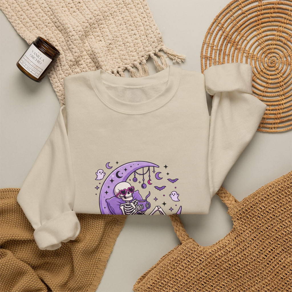 Skeleton on Moon Crewneck Sweatshirt — "Spooky & Unsocialized" Purple Gothic Graphic