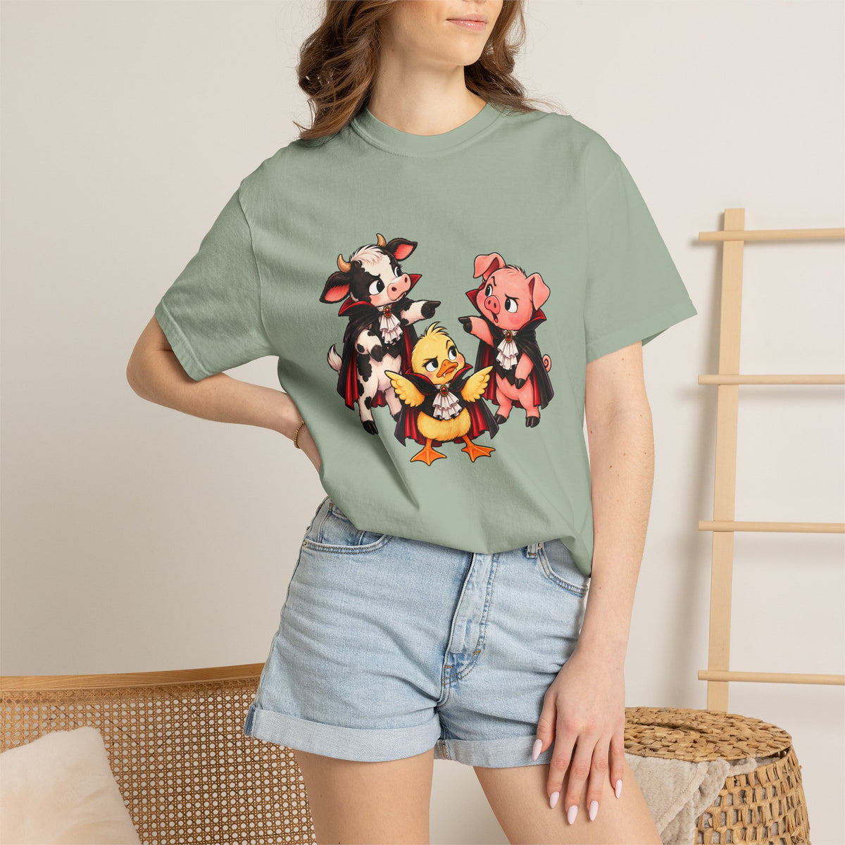 "This is why we have a wardrobe meeting first!" Cow, Pig & Chick Cartoon Graphic Tee