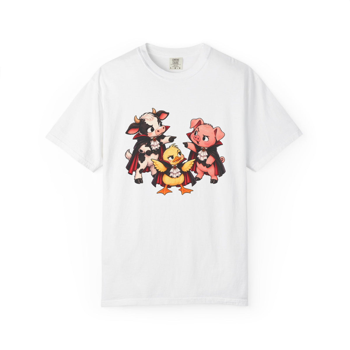 "This is why we have a wardrobe meeting first!" Cow, Pig & Chick Cartoon Graphic Tee